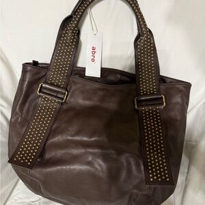 NEW…Abro Studded Brown Genuine Ship Leather Tote